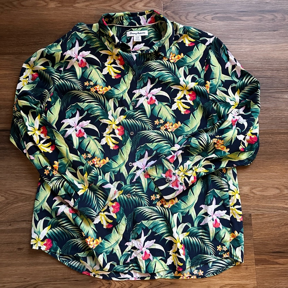Tommy Bahama Womens Button Shirt SZ L 100% Silk Aloha Vacation Cruise Hawaiian